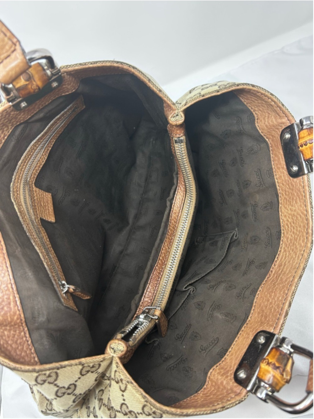 Gucci GG Canvas Bamboo Bar Tote Beige Monogram Shoulder Bag Leather - Picture 11 of 16
